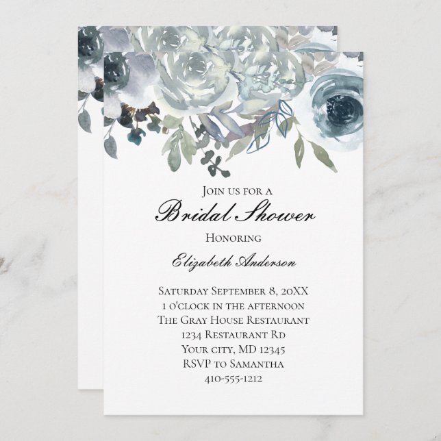 Convites Azul Cinza Verde Elegante Floral Bridal (Frente/Verso)