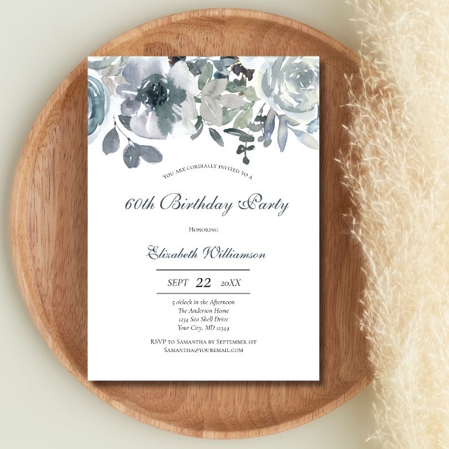 Convites Azul Cinza Verde Floral Aquarela Aniversário Para  (Blue Green Gray Watercolor Floral Birthday invitation for her. Printed or Digital Instant download)