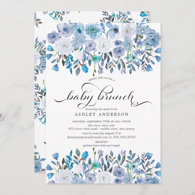 Convites Azul-claro Aquarela Floral Baby Brunch (Frente/Verso)