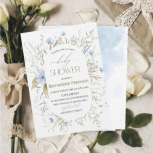 Convites Azul-claro-aquarela Flores Selvagens BebêConvite