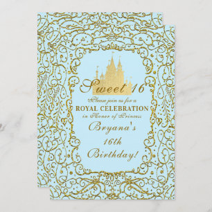 Convites Azul claro e Dourado Castelo Real Princesa Sweet 1