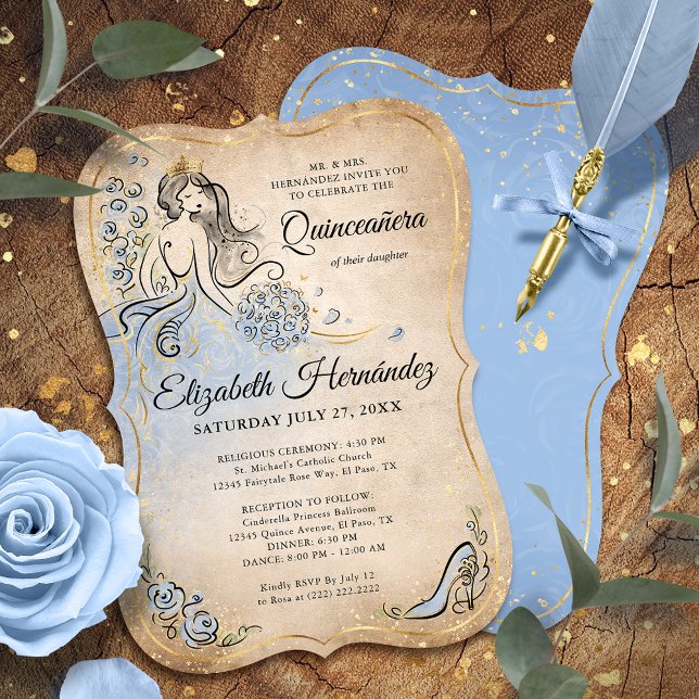 Convites Azul claro e princesa Dourada Quinceanera Aniversá (Unique, downloadable gold and light blue quinceanera invitations on an editable DIY template.)
