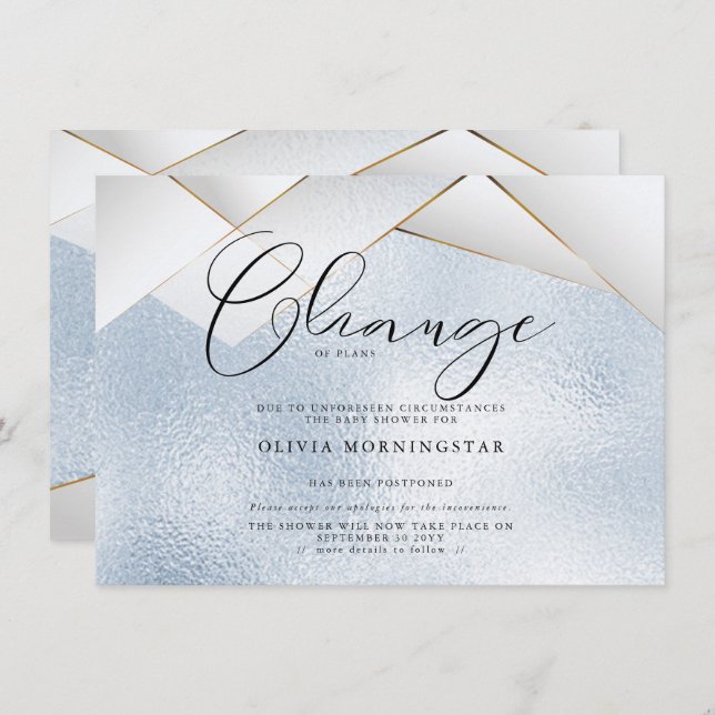 Convites Azul Claro Pastel Pérolas Facetas Chuva Postergada (Frente/Verso)