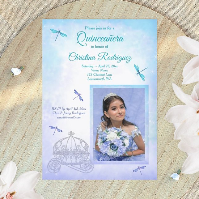 Convites Azul Claro & Turquesa, Carruagem Quinceañera (dusty blue turquoise quinceanera invitations)