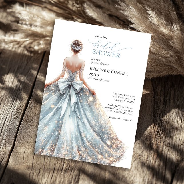 Convites Azul clássico elegante brilha o vestido floral de  (Elegant classic blue sparkles wedding gown floral invitation)