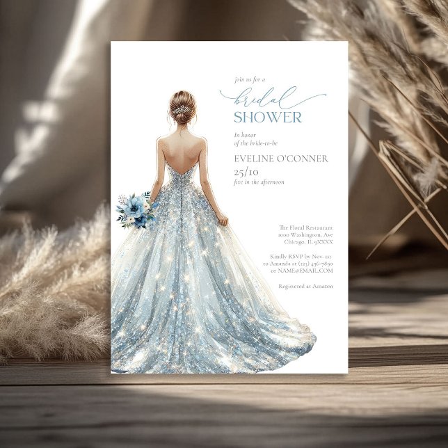Convites Azul clássico elegante brilha o vestido floral de  (Elegant classic blue sparkles wedding gown floral invitation)