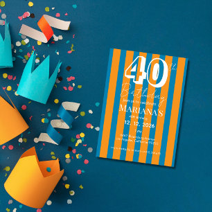 Convites Azul Cobalto & Listras Laranja Moderno 40º Anivers