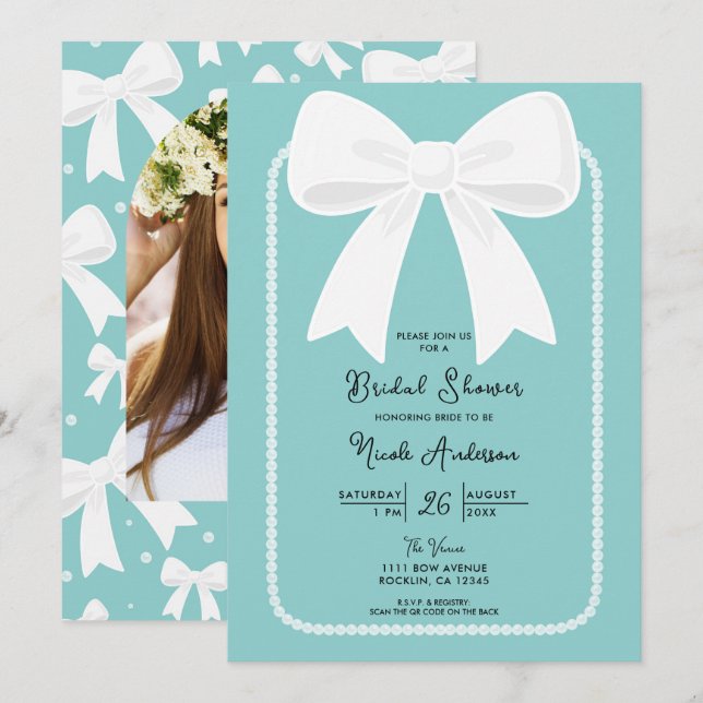 Convites Azul Com Pérolas Laços Brancos Chaveirinho Chá de  (Frente/Verso)