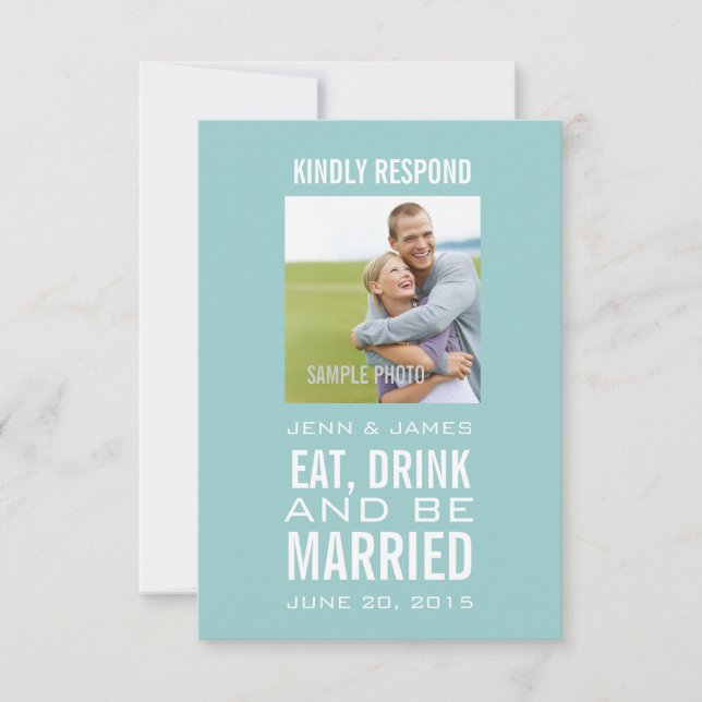Convites Azul Comer Beber Casar Foto Casamento RSVP (Frente)