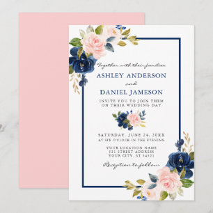 Convites Azul Cor de Água Clássico Azul Rosa de Casamento