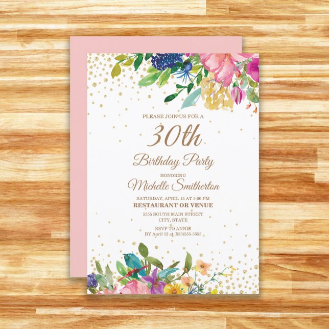 Convites Azul-cor-de-rosa aniversário de 30 anos brilhante  (Pink, yellow, and blue floral with gold glitter 30th birthday party invitation)