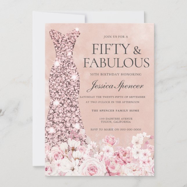 Convites Azul cor-de-rosa-claro, rosa Dourado, 50º aniversá (Frente)