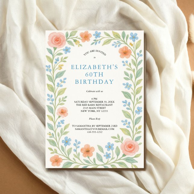 Convites Azul, cor-de-rosa, cor azul, floreal, 60º (Pink dusty blue and sage greenery watercolor floral 60th birthday invitation. Printed or Digital )