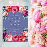 Convites Azul, cor-de-rosa, cor-de-rosa, aniversário de lux<br><div class="desc">Um cartão de convite elegante para uma festa de aniversário 50ª (ou qualquer idade). Com flores rosadas,  roxas e rosa douradas,  cor-de-água,  florais como decoração. Um fundo azul de tendência. O nome é escrito com um script de estilo manuscrito.</div>