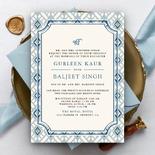 Convites Azul Creme Marfim Ikat Anand Karaj Casamento Sikh