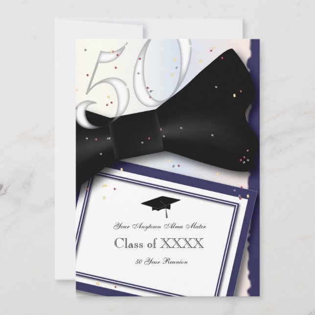 Convites Azul customizável e branco reunião de classe de 50 (Frente)