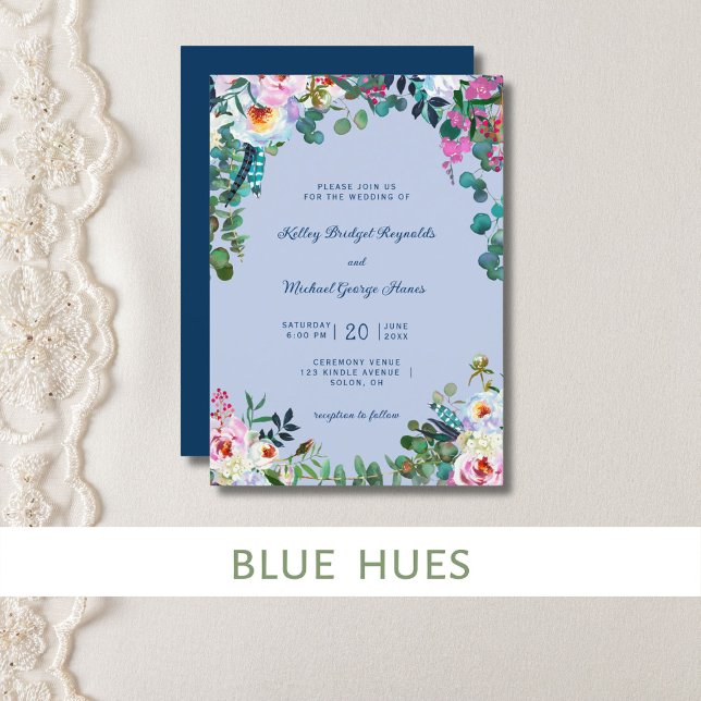 Convites Azul da Prússia & Pervinca Paraíso Floral Boho (Prussian blue and periwinkle watercolor floral makes a pretty spring wedding invitation.)