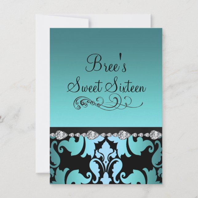 Convites Azul Damask & Diamond Image Sweet 16 Invite (Frente)