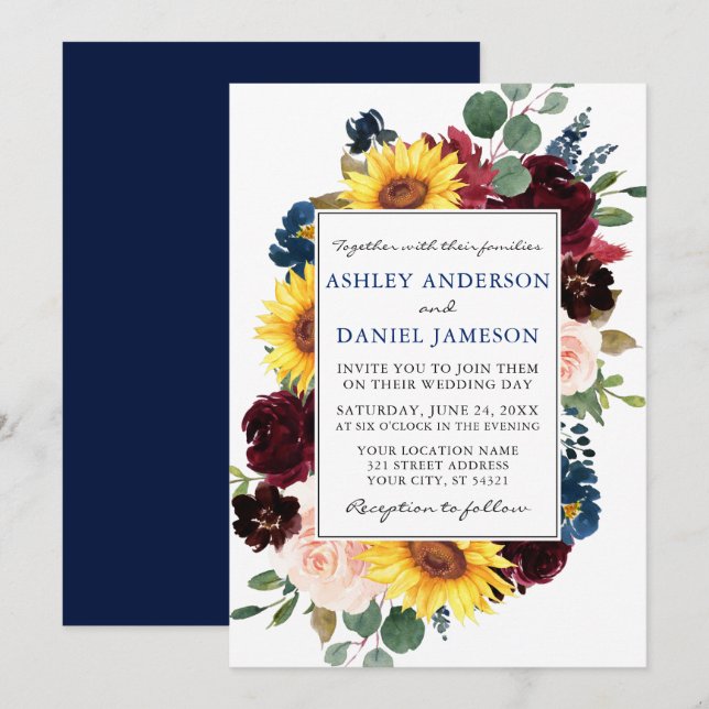 Convites Azul de Casamento de Frame Floral Misturado (Frente/Verso)