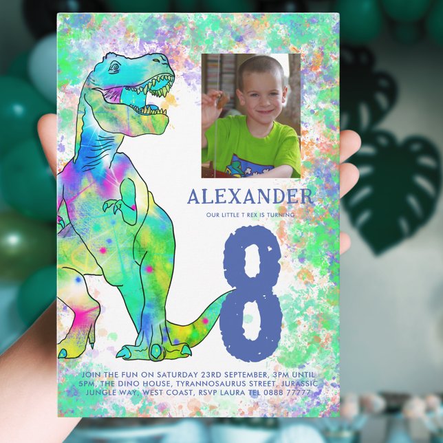 Convites Azul de Fotografia Festa de aniversário do Dinossa (T-Rex dinosaur 8th birthday party invitation with photo template colorful watercolor Jurassic dino)