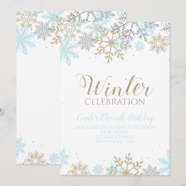 Convites Azul de Inverno Dourado Prata Flocos de Neve Anive (Frente/Verso)