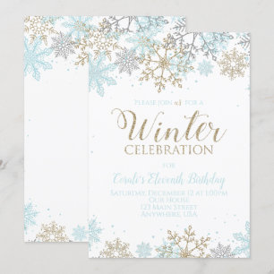 Convites Azul de Inverno Dourado Prata Flocos de Neve Anive
