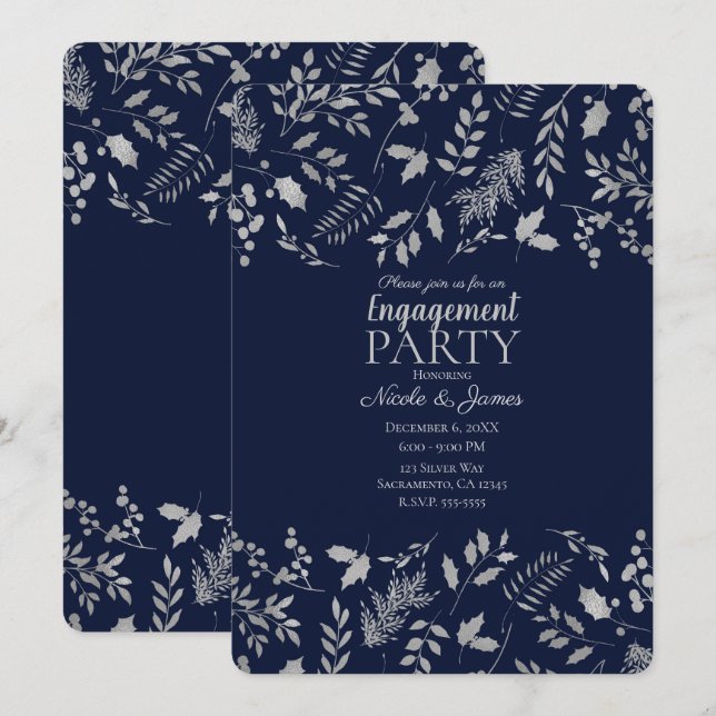 Convites Azul de Inverno & Folhas de Prata Engajamento Botâ (Frente/Verso)