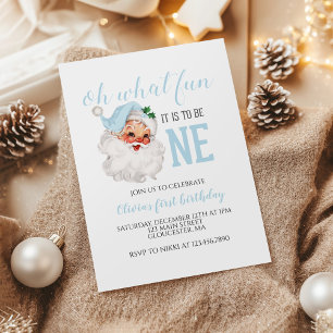 Convites Azul de Natal Papai Noel Primeiro Aniversário