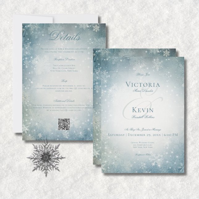 Convites Azul de neve em queda e brilho branco dois lados (Falling Snow Blue & White Sparkle All In One Invitation)
