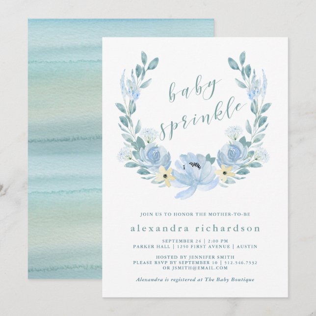 Convites Azul Delicado | Watercolor Floral Baby Sprinkle (Frente/Verso)