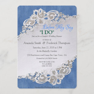 Convites Azul Denim, renda e Pérolas de Marfim