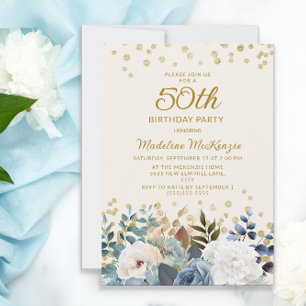 Convites Azul Desbotado Branco Floral Dourado 50º Aniversár