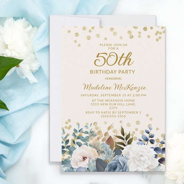 Convites Azul Desbotado Branco Floral Dourado 50º Aniversár (Criador carregado)