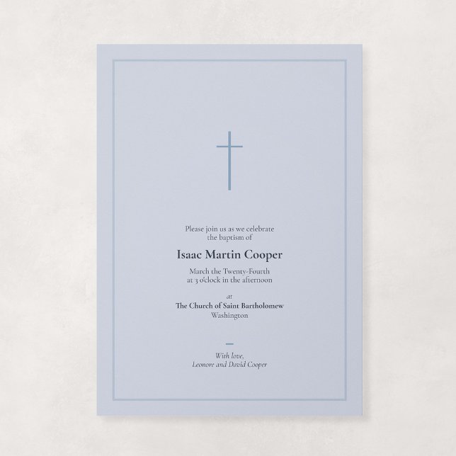 Convites Azul Desbotado Cruz Mínima Religiosa Batismo (Grace - Minimal Cross Baptism Invitation in Dusky Blue)