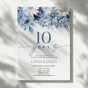 Convites Azul Desbotado Floral 10º Aniversário de Casamento