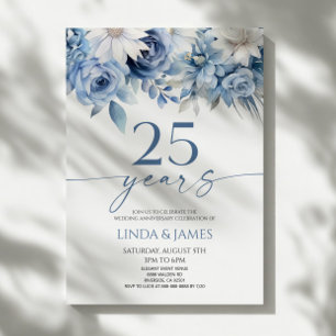 Convites Azul Desbotado Floral 25º Aniversário de Casamento