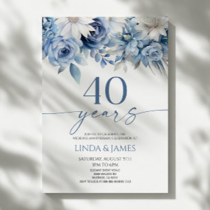 Convites Azul Desbotado Floral 40º Aniversário de Casamento