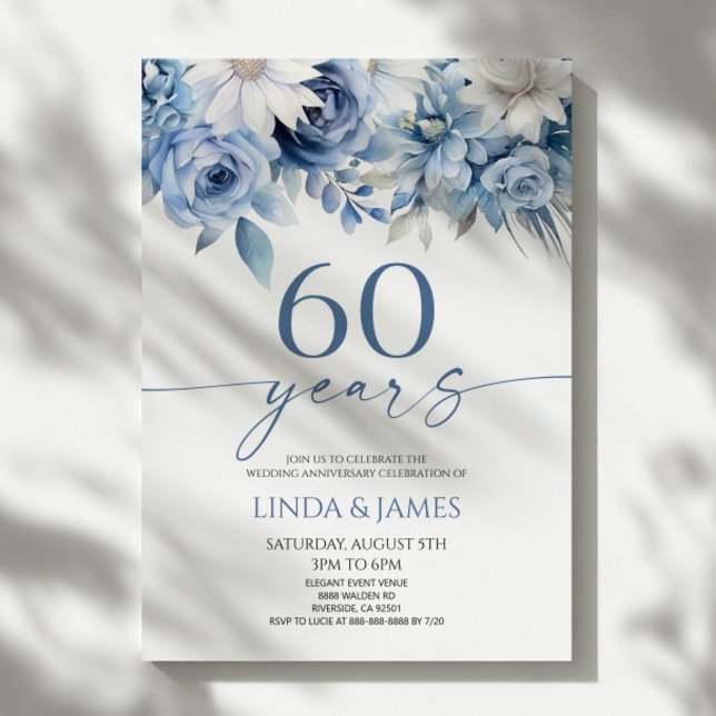 Convites Azul Desbotado Floral 60º Aniversário de Casamento (Criador carregado)