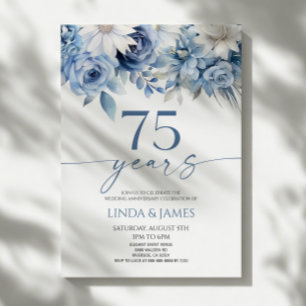 Convites Azul Desbotado Floral 75º Aniversário de Casamento