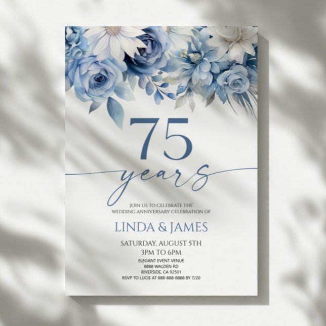 Convites Azul Desbotado Floral 75º Aniversário de Casamento (Criador carregado)