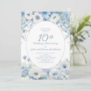 Convites Azul Desbotado Floral Branco 10º Aniversário