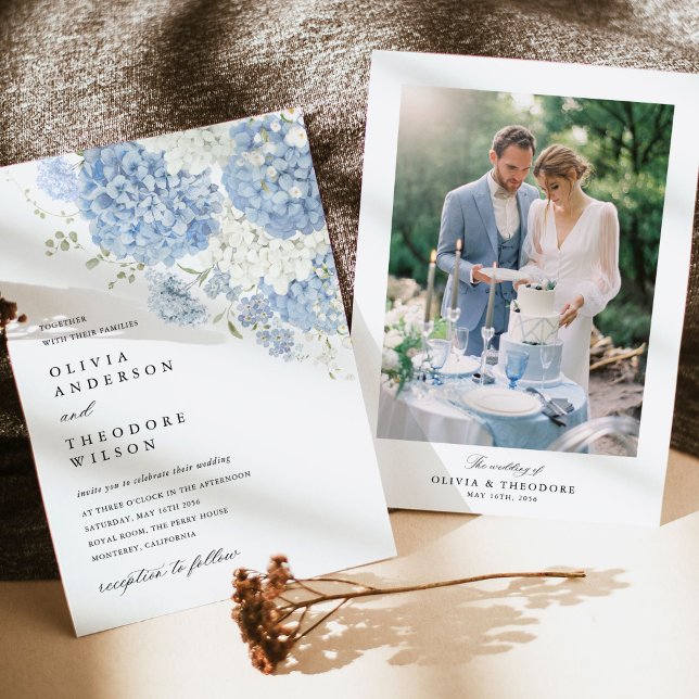 Convites Azul Desbotado Floral Branco Foto Casamento Elegan (Dusty blue white photo back wedding invitation, hydrangea florals, photo card, sunlit stationery)