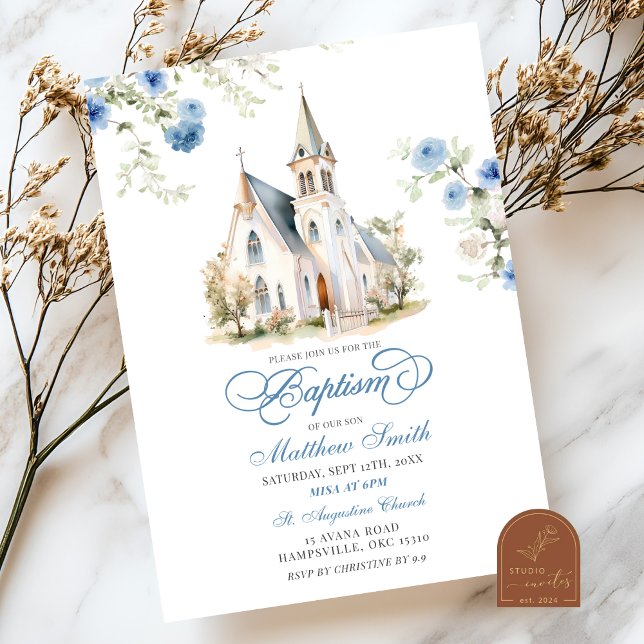 Convites Azul Desbotado Floral Clássico Batismo na Igreja (Criador carregado)