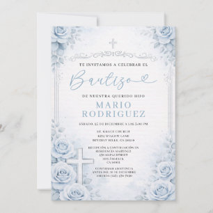 Convites Azul Desbotado Floral Espanhol Batismo Religião Cr
