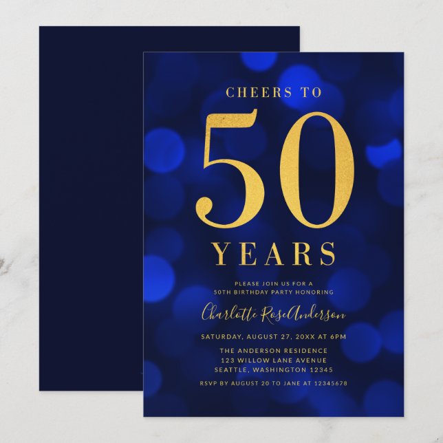 Convites Azul Dourado Cheers para Festa de aniversário de 5 (Frente/Verso)