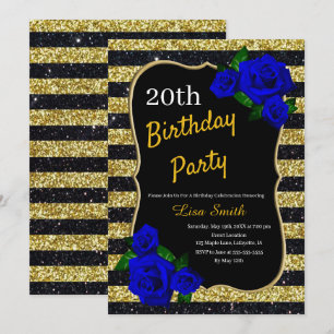 Convites Azul Dourado de Aniversário Glitter Rosa Azul Prof