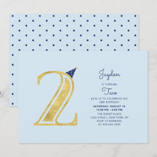 Convites Azul & Dourado   Festa de 2º Aniversário de Menino