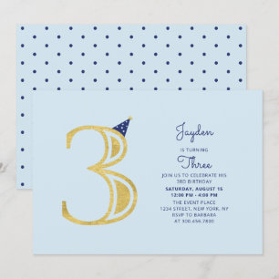 Convites Azul & Dourado   Festa de 3º Aniversário de Menino