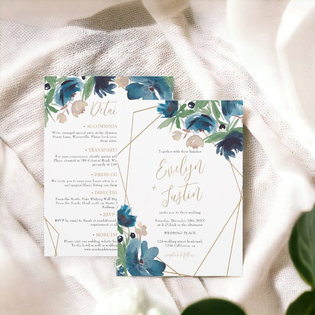 Convites Azul-dourado Floral Aquarela Tudo em um Casamento (Elegant dusty blue gold Floral Watercolor Wedding Invitation)