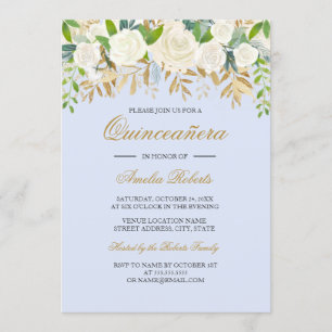 Convites Azul Dourado Floral Folha Aquarela Quinceanera